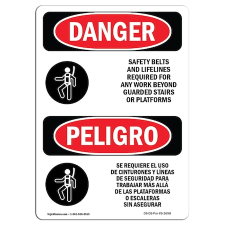OSHA Danger, Safety Belts And Lifelines Symbol Bilingual, 5in X 3.5in Decal, 10PK